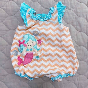 Sunshine Baby 3 Month Mermaid Applique Romper Chevron Blue Orange Ruffle